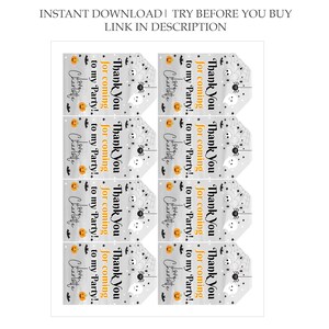 May include: Eight printable Halloween party favour tags with a black and white spider web design, a ghost, and a pumpkin. The text on the tags reads "Thank You for coming to my party!" and "Love Charlotte".