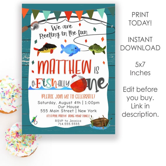 Editable Fishing First Birthday Invitation | Fishing Birthday Party ...