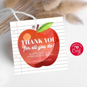 Étiquette Apple Teacher Appreciation Week - cadeaux de fin d'année scolaire imprimables - étiquette cadeau Apple - à imprimer à la maison - à personnaliser - modifiable en corjl