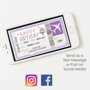 May include: A purple and gold birthday ticket with a plane and cake graphic. The text reads "Happy Birthday" and includes the details "To: Jessica, From: Mom & Dad, Date: January 25, 2022, Where: Home!"
