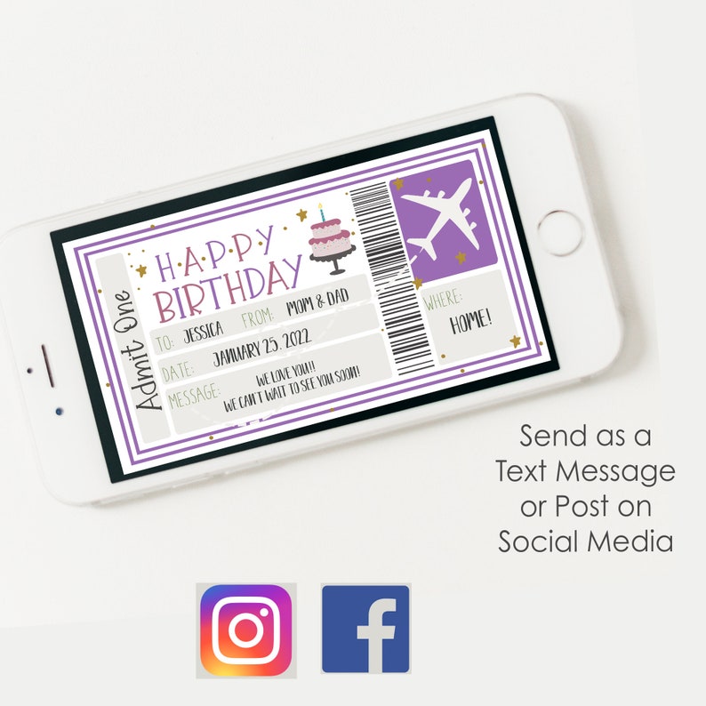 May include: A purple and gold birthday ticket with a plane and cake graphic. The text reads "Happy Birthday" and includes the details "To: Jessica, From: Mom & Dad, Date: January 25, 2022, Where: Home!"