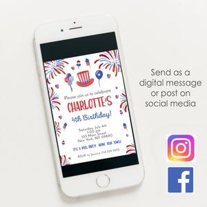 K&ouml;nnte beinhalten: Eine digitale Einladung zu einer Poolparty am 4. Juli zur Feier von Charlottes 4. Geburtstag. Die Einladung ist in den Farben Rot, Wei&szlig; und Blau gehalten und zeigt Feuerwerk, Ballons und einen patriotischen Hut. Der Text auf der Einladung lautet "Bitte feiern Sie mit uns Charlottes 4. Geburtstag!" und enth&auml;lt Datum, Uhrzeit, Ort und RSVP-Informationen.