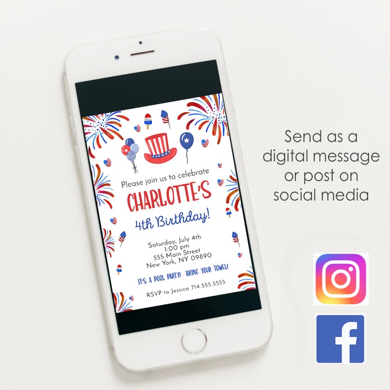 K&ouml;nnte beinhalten: Eine digitale Einladung zu einer Poolparty am 4. Juli zur Feier von Charlottes 4. Geburtstag. Die Einladung ist in den Farben Rot, Wei&szlig; und Blau gehalten und zeigt Feuerwerk, Ballons und einen patriotischen Hut. Der Text auf der Einladung lautet "Bitte feiern Sie mit uns Charlottes 4. Geburtstag!" und enth&auml;lt Datum, Uhrzeit, Ort und RSVP-Informationen.