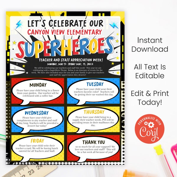 Editable SuperHero Flyer, Teacher Appreciation Instructions Flyers, Super Hero Themed Flyer, Printable Flyers, Superheroes Instant Download