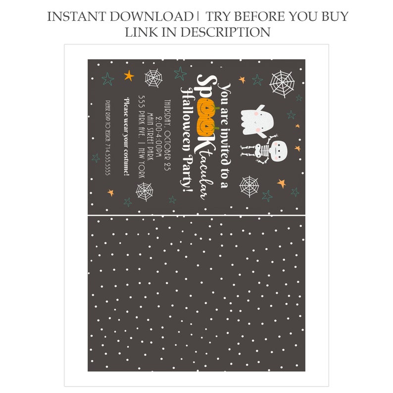 May include: A black and white printable Halloween party invitation with a ghost and skeleton illustration. The invitation includes the text "You are invited to a Spooktacular Halloween Party!" and details about the party, including the date, time, and location.