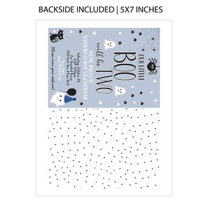 May include: A blue and white invitation card featuring a ghost and spider design. The text on the card reads "Our Little Boo Will Be Two" and includes details for a birthday party. The card is 5x7 inches.