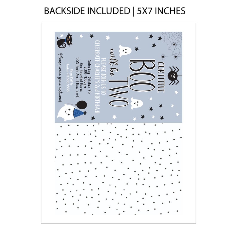 May include: A blue and white invitation card featuring a ghost and spider design. The text on the card reads "Our Little Boo Will Be Two" and includes details for a birthday party. The card is 5x7 inches.