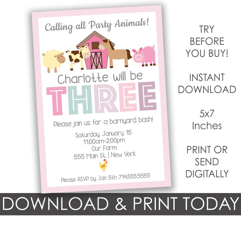 3rd Birthday Party Invitations for a Barnyard Bash Theme, Petting Zoo Printable Invites, Editable Animal lover Digital Invitations image 1