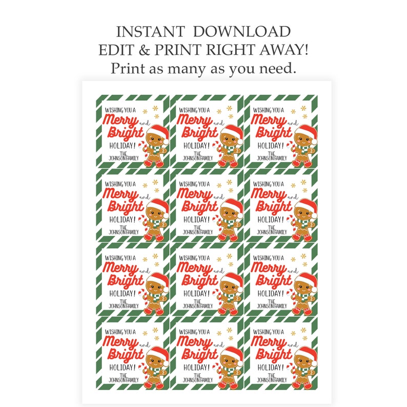 Puede incluir: Doce etiquetas de regalo imprimibles con un hombre de jengibre con un sombrero rojo y un bast&oacute;n de caramelo. Las etiquetas tienen un fondo a rayas verde y blanco con el texto "Wishing you a Merry and Bright Holiday! The Johnson Family".