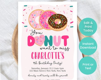 Donut Birthday Party Invitations | Girl Birthday Invite | Editable Printable Invites | Donut Theme | Instant Digital Download to Text