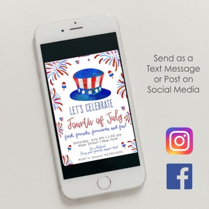 May include: A digital invitation for a Fourth of July celebration with a watercolor illustration of a red, white, and blue Uncle Sam hat with fireworks in the background. The text reads "Let's Celebrate Fourth of July, food, friends, fireworks and fun!" with details about the event, including the date, time, and location. The invitation also includes a call to action to RSVP to Jessica.