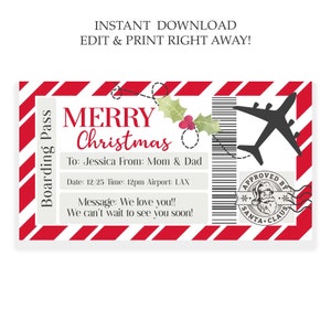Plantilla de tarjeta de embarque imprimible viaje sorpresa billete de avión regalo de Navidad, vuelo de avión personalizado - DESCARGA INSTANTE texto EDITABLE