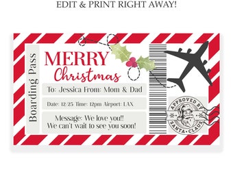 Printable Boarding Pass Template Surprise Trip Plane Ticket Christmas Gift, Personalized Airplane Flight  - INSTANT DOWNLOAD text EDITABLE