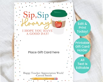 Teacher Coffee Gift Card Holder | Editable Happy Teacher Appreciation Printable Gift Cards | 1st day of School Treat | Instant Download