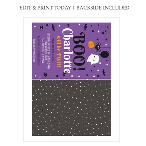 May include: Purple and black Halloween party invitation featuring a ghost, spider, and pumpkin. The text reads "BOO! Charlotte will be TWO!" and includes party details.