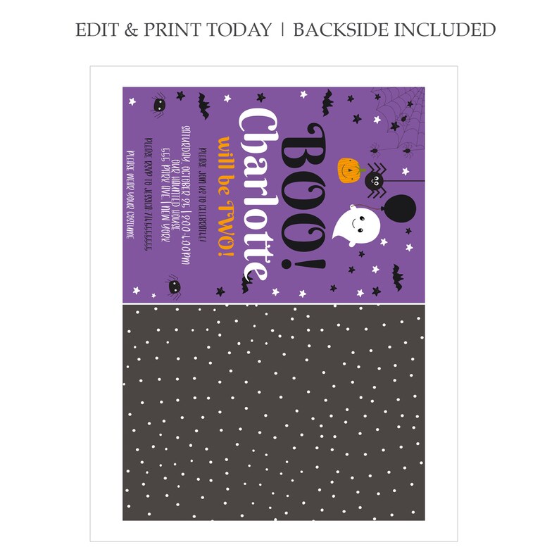 May include: Purple and black Halloween party invitation featuring a ghost, spider, and pumpkin. The text reads "BOO! Charlotte will be TWO!" and includes party details.