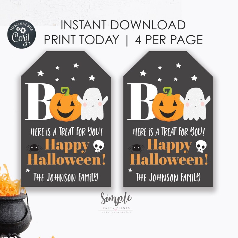 May include: Two printable Halloween treat tags with a black background and white text. The tags feature a ghost, a pumpkin, and the text "Boo! Here is a treat for you! Happy Halloween! The Johnson Family."