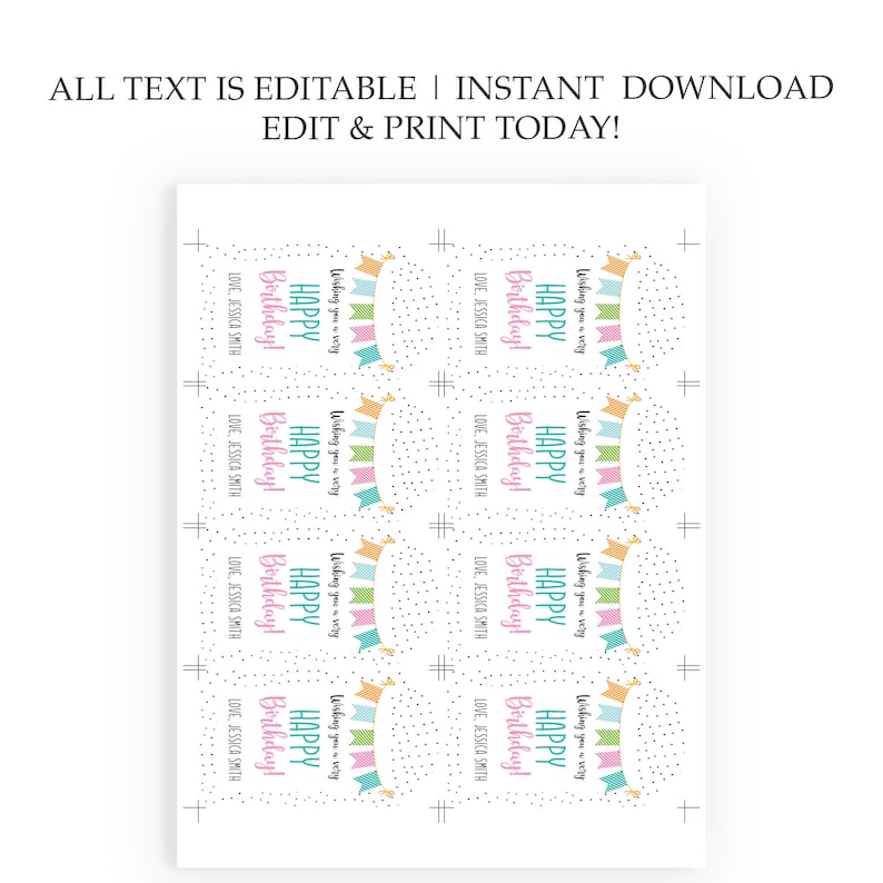 Pode incluir: Etiquetas de presente imprim&iacute;veis com um design de banner colorido e o texto "Wishing you a very Happy Birthday!" As etiquetas s&atilde;o decoradas com pequenos pontos pretos em um fundo branco. O texto "LOVE, JESSICA SMITH" est&aacute; inclu&iacute;do em cada etiqueta.