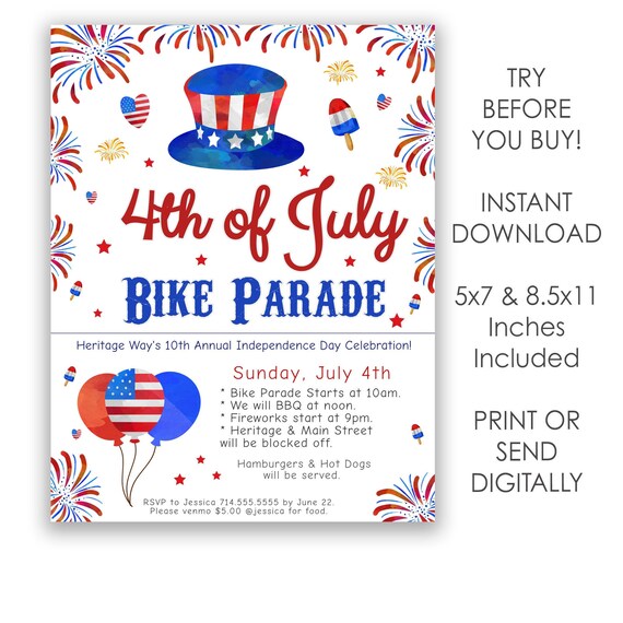 4th of July Bike Parade Flyer, July 4th BBQ Invitation, Neighborhood Summer Party Invite, Editable Invitation, Stars Stripes Fun, Fireworks Il_570xn