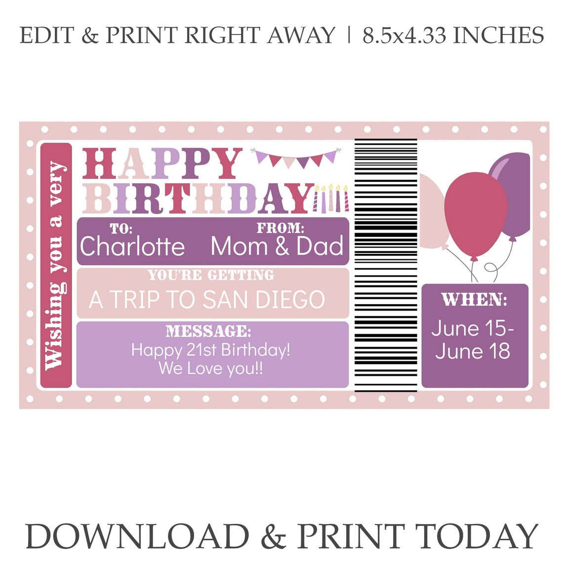 Printable Happy Birthday Voucher Template Purple Pink and Etsy