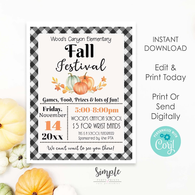 May include: A black and white checkered printable invitation for a fall festival at Wood's Canyon Elementary School. The invitation features a watercolor illustration of pumpkins and fall leaves. The text reads "Fall Festival" and includes the date, time, and location of the event. It also states that the event will include games, food, prizes, and lots of fun. The event is a school fundraiser sponsored by the PTA.