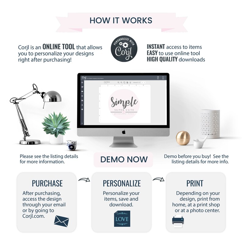 May include: A graphic showing how to use Corjl, an online tool to personalize designs. The graphic shows a computer screen with a design that says "Simple Super Cute". The graphic also shows three steps: Purchase, Personalize, and Print.