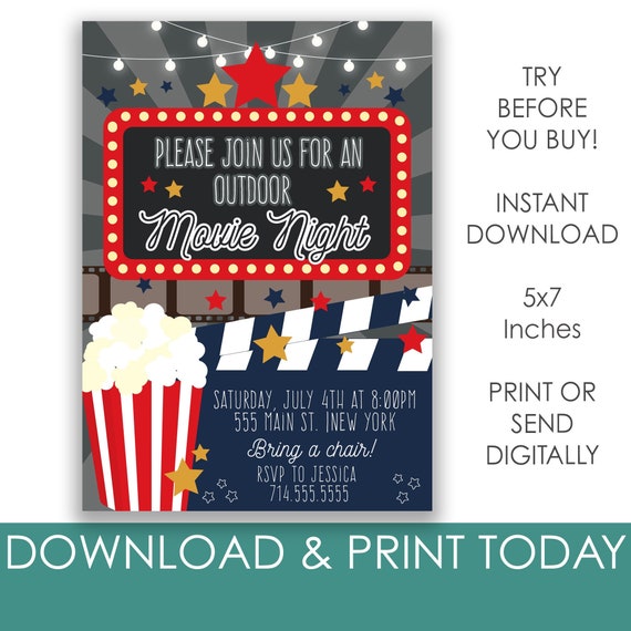 Editable Movie Night Invite, Outdoor Movie Night Digital Flyer