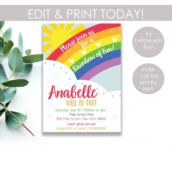 Rainbow Birthday Invitation, Rainbow Invitations, Rainbow Party Invite, First Birthday, Second Birthday, Girls Birthday Kids party prints A8 Il_570xn