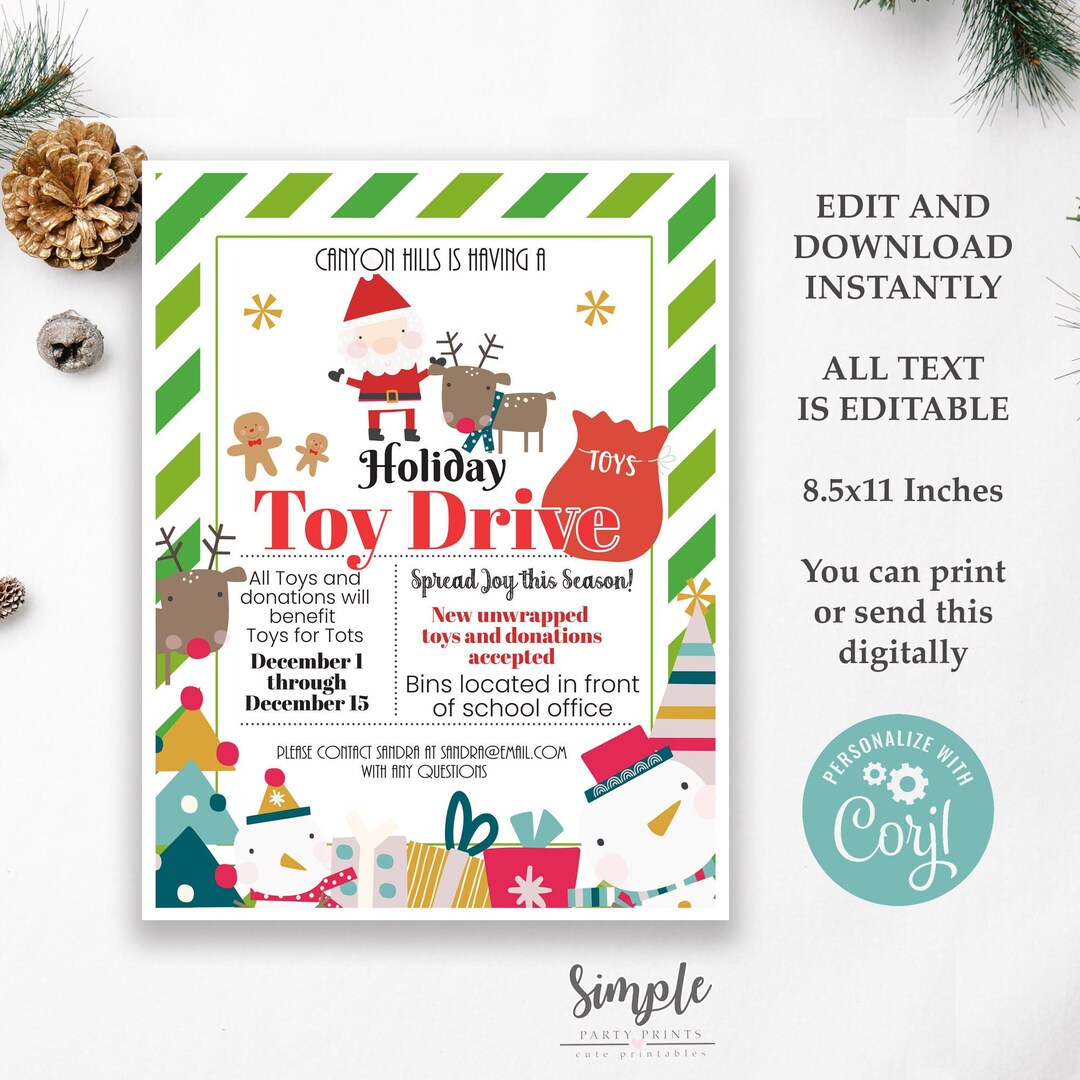 Editable Holiday Toy Drive Flyer Template, Digital Download Christmas Party Flyer, Printable ...