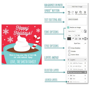 以下が含まれることがあります： 赤いと白のクリスマスカード。ホットチョコレートの入ったマグカップにホイップクリームとキャンディーケーンが乗っています。カードには「ハッピーホリデー！」と「愛を込めて、スミス家」と書かれています。