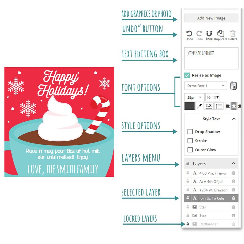 以下が含まれることがあります： 赤いと白のクリスマスカード。ホットチョコレートの入ったマグカップにホイップクリームとキャンディーケーンが乗っています。カードには「ハッピーホリデー！」と「愛を込めて、スミス家」と書かれています。