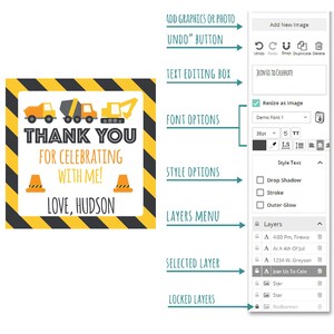 May include: A thank you card with a construction theme. The card features a yellow and black striped background with a white rectangle in the center. The rectangle contains the text "Thank You for Celebrating with Me!" and "Love, Hudson". There are three construction vehicles at the top of the card.