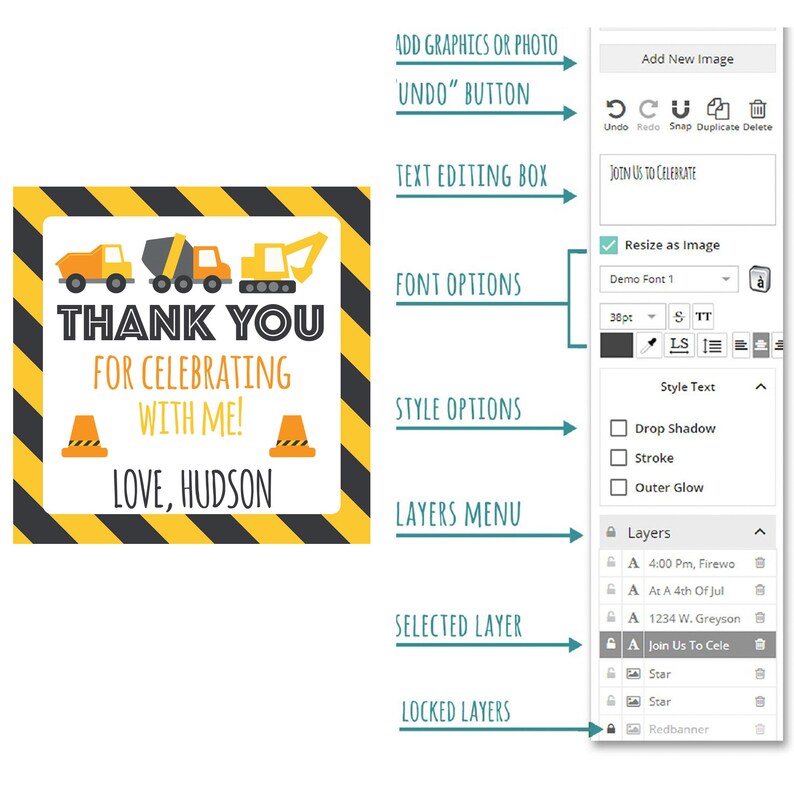 May include: A thank you card with a construction theme. The card features a yellow and black striped background with a white rectangle in the center. The rectangle contains the text "Thank You for Celebrating with Me!" and "Love, Hudson". There are three construction vehicles at the top of the card.