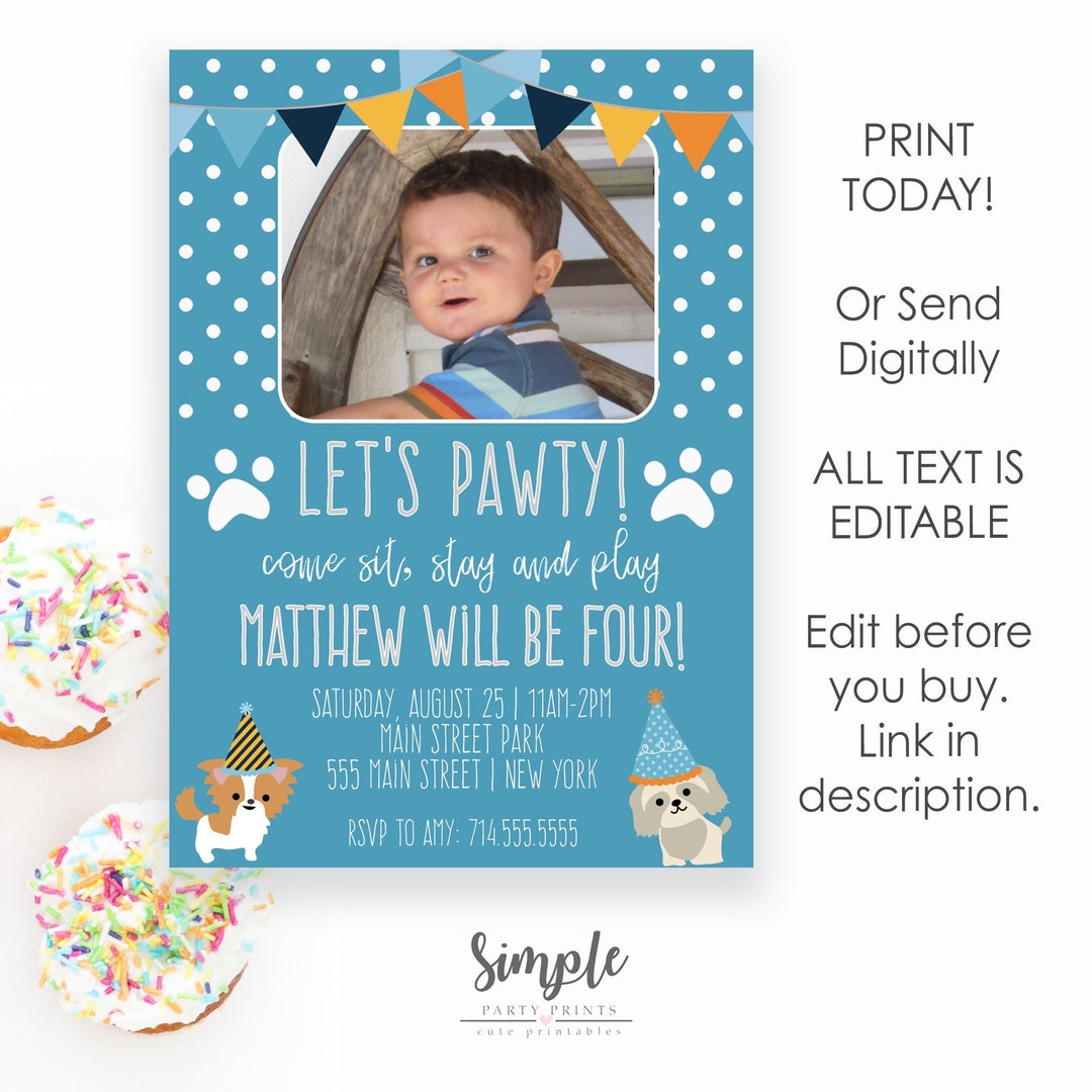 Editable Puppy Birthday Party Invitations, Boy Birthday, Printable Dog ...
