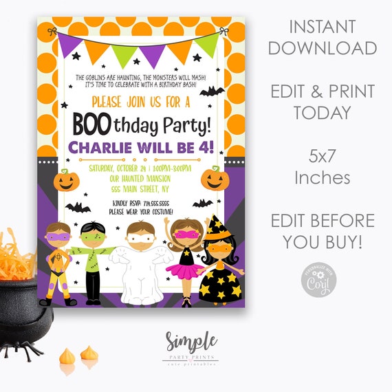 Kids Halloween Birthday Bash Invitation, Editable Invite, Costume Party, Digital Halloween Invitation for kids, Printable, Edit with Corjl Il_570xn