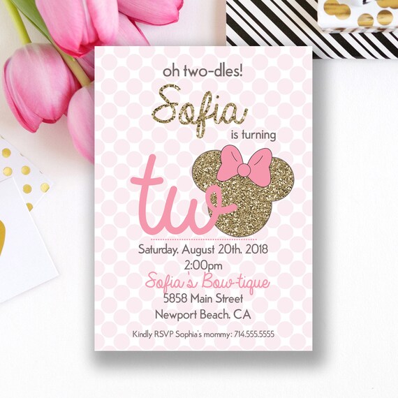 Minnie Mouse Birthday Invitations | minnie mouse bowtique invitations | Gold and Pink | Oh Toodles | Oh Two-dles | 2nd First Birthday Il_570xn