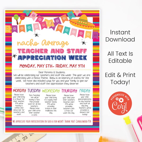 Editable Cinco de Mayo Flyer, Teacher Appreciation Instructions, Fiesta Themed Flyer, Printable Flyers, Nacho Average Instant Download, DIY