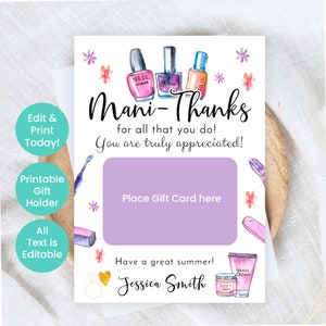 Maniküre Geschenkkartenhalter, Brautparty Geschenke, Maniküre Geschenkkartenhalter, Mani Pedi Spa Geschenke für Freunde, bearbeitbar in Corjl,