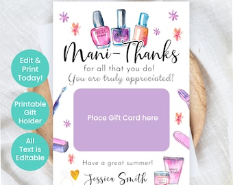 Printable Manicure Gift Card Holder, Bridal Party Gifts, Mani Pedi Giftcard Holders, Mani Pedi Spa Gifts for Friends, Editable in Corjl,