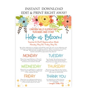 May include: A colorful printable flyer for Canyon Hills Elementary Teacher & Staff Appreciation Week. The flyer has a floral border and lists activities for each day of the week, including bringing in flowers, treats, and a car wash for teachers. The flyer also includes a thank you message to parents for supporting the teachers and staff.