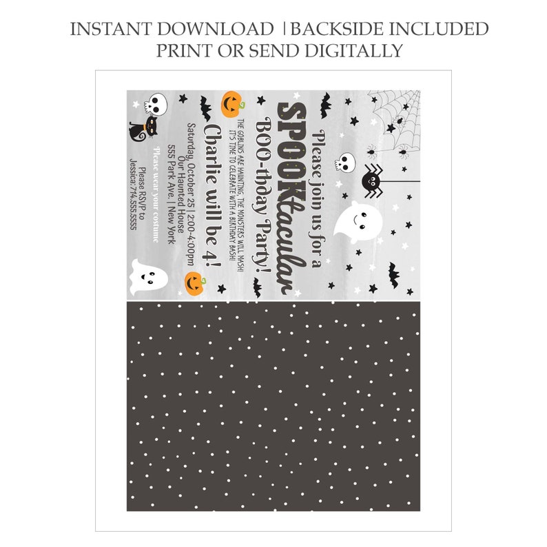 May include: Printable Halloween party invitation with a black and white spooky theme. The invitation features a ghost, bats, spiders, and stars. The text reads "Please join us for a SPOOKtacular BOO-thday Party! Charlie will be 4!" with the date and time of the party.