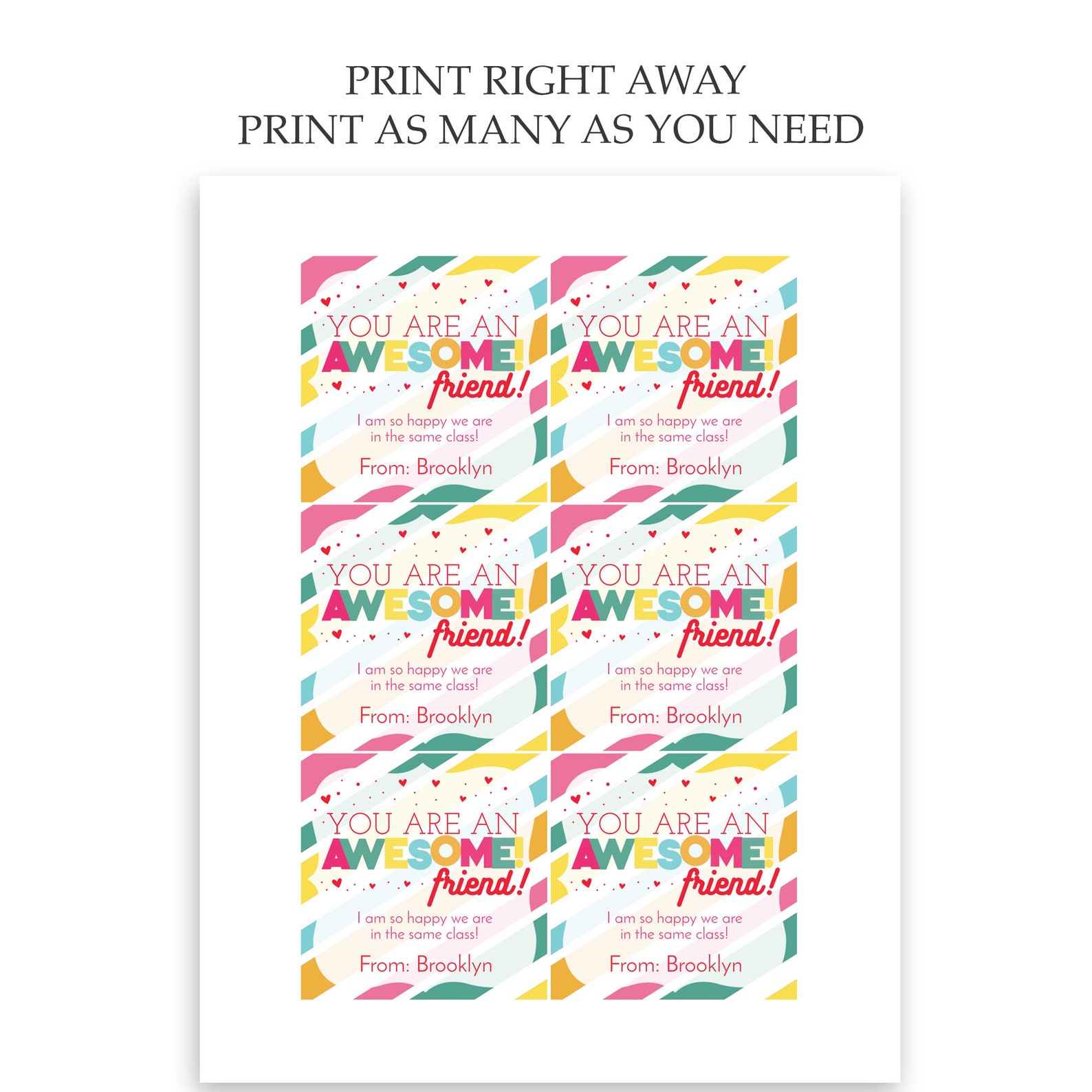 Printable Bright Colorful Valentine's Day Gift Tag for Kids, Non Candy ...