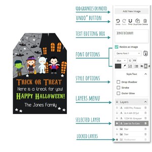 May include: A Halloween-themed printable tag with a black background and a white border. The tag features a house with bats and stars, and four children dressed in costumes. The text on the tag reads "Trick or Treat Here is a treat for you! Happy Halloween! The Jones Family."
