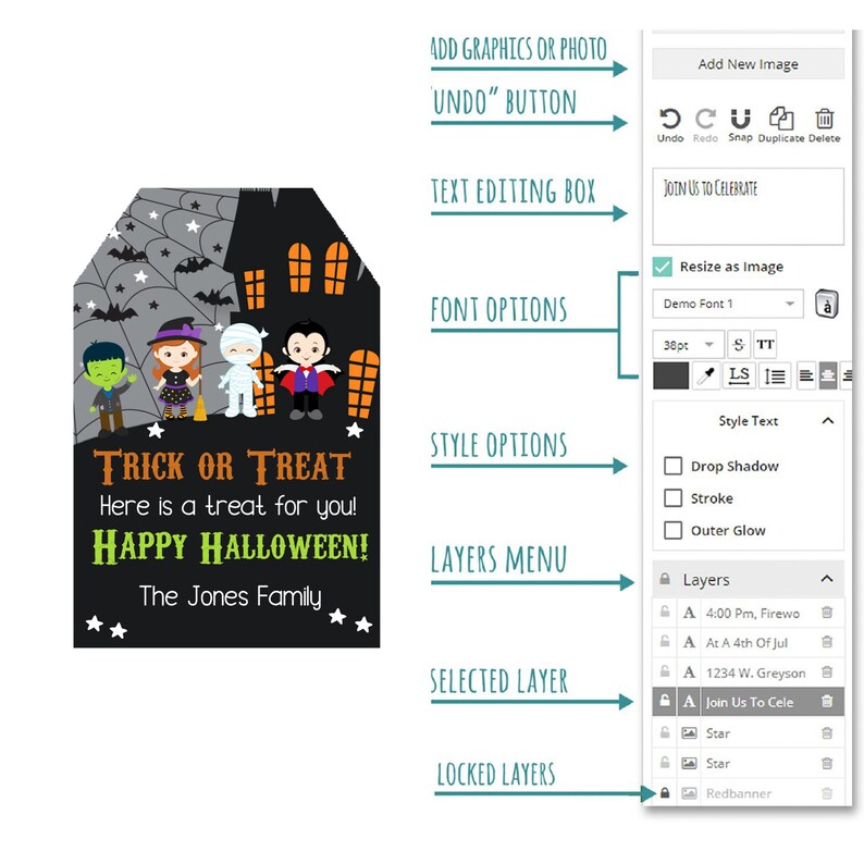May include: A Halloween-themed printable tag with a black background and a white border. The tag features a house with bats and stars, and four children dressed in costumes. The text on the tag reads "Trick or Treat Here is a treat for you! Happy Halloween! The Jones Family."