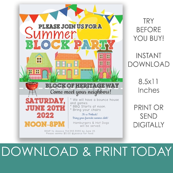 Editable Neighborhood Summer Block Party Invite, Custom Invitation, Meet Your Neighbors Flyer, Digital , Summertime BBQ, Instant Download Il_570xn