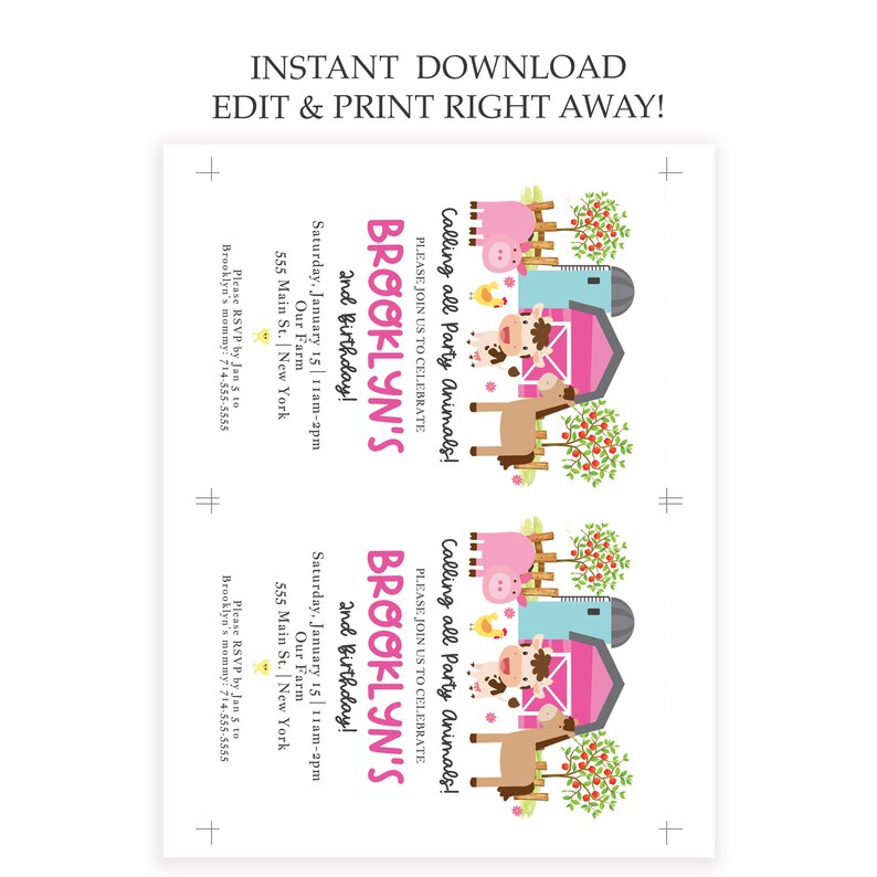 Pu&ograve; includere: Invito stampabile per una festa di compleanno a tema fattoria. L'invito presenta un fienile rosa, una mucca, un maiale, una gallina e un cavallo. Il testo sull'invito recita: "Calling all Party Animals! Please join us to celebrate Brooklyn's 2nd Birthday! Saturday, January 15 | 11am-2pm | Our Farm | 555 Main St. | New York | Please RSVP by Jan 5 to Brooklyn's mommy: 714-555-5555"