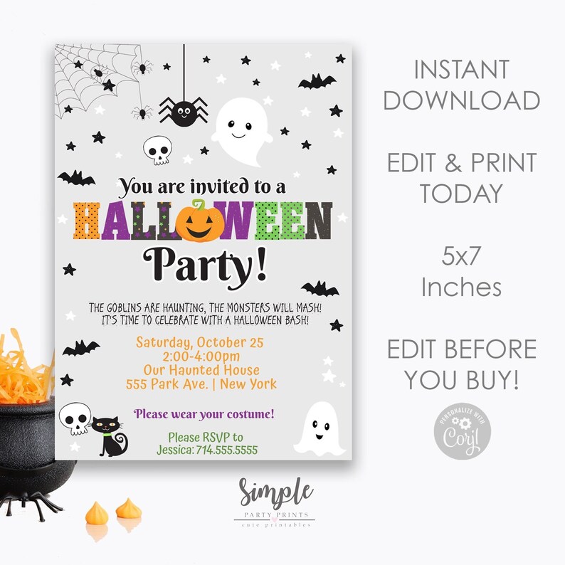 May include: A printable Halloween party invitation with a gray background and colorful text. The invitation features a pumpkin, ghosts, bats, and stars. The text reads "You are invited to a HALLOWEEN Party!" and includes details about the party, such as the date, time, and location. The invitation also includes the text "Please wear your costume!" and "Please RSVP to Jessica: 714.555.5555".