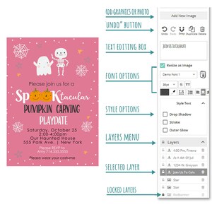 Puede incluir: Una invitaci&oacute;n rosa con una ilustraci&oacute;n de un fantasma y un esqueleto. El texto dice "Por favor, &uacute;nase a nosotros para un Spooktacular Pumpkin Carving Playdate" con detalles sobre el evento. La invitaci&oacute;n se est&aacute; editando con una herramienta de dise&ntilde;o digital con opciones para agregar gr&aacute;ficos, texto y capas.