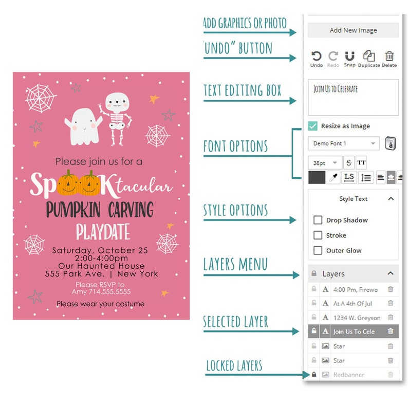 Puede incluir: Una invitaci&oacute;n rosa con una ilustraci&oacute;n de un fantasma y un esqueleto. El texto dice "Por favor, &uacute;nase a nosotros para un Spooktacular Pumpkin Carving Playdate" con detalles sobre el evento. La invitaci&oacute;n se est&aacute; editando con una herramienta de dise&ntilde;o digital con opciones para agregar gr&aacute;ficos, texto y capas.