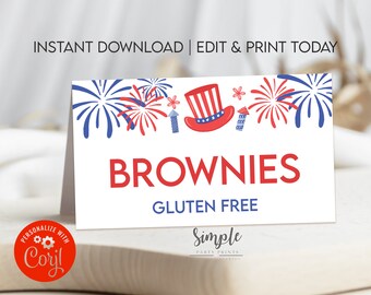 4th of July Food Labels Template, Food Tents, Printable July Fourth Theme Party Decorations, Place Cards, DIY EDITABLE TEXT D5